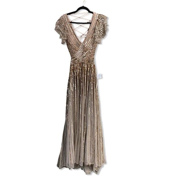 MAC DUGGAL Beige Sequined Cut Out Ruffled Cap Sleeve Lace Up Gown 5568 NWT 4 - Picture 9 of 15